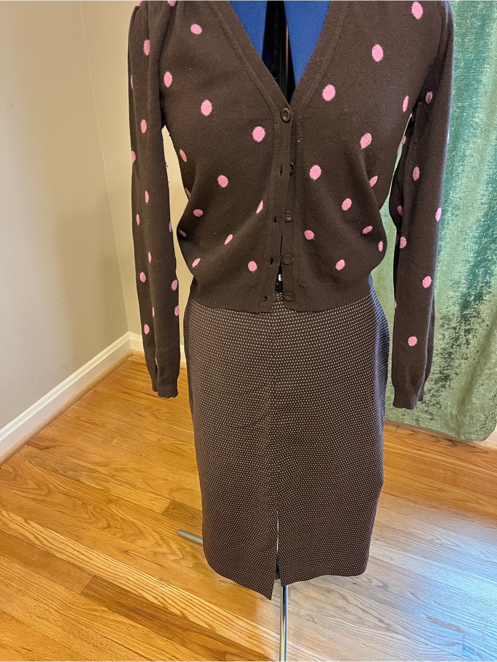 Brown Pencil Skirt with Pink Polka Dot Accents and Matched Cardigan